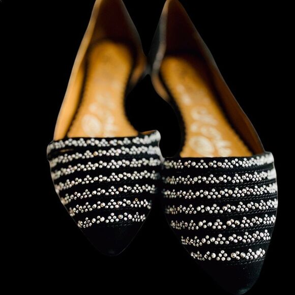 Black Leather Rhinestone Toe Cap Slip Ons Ballet Loafer Shoes NEW - Picture 2 of 9